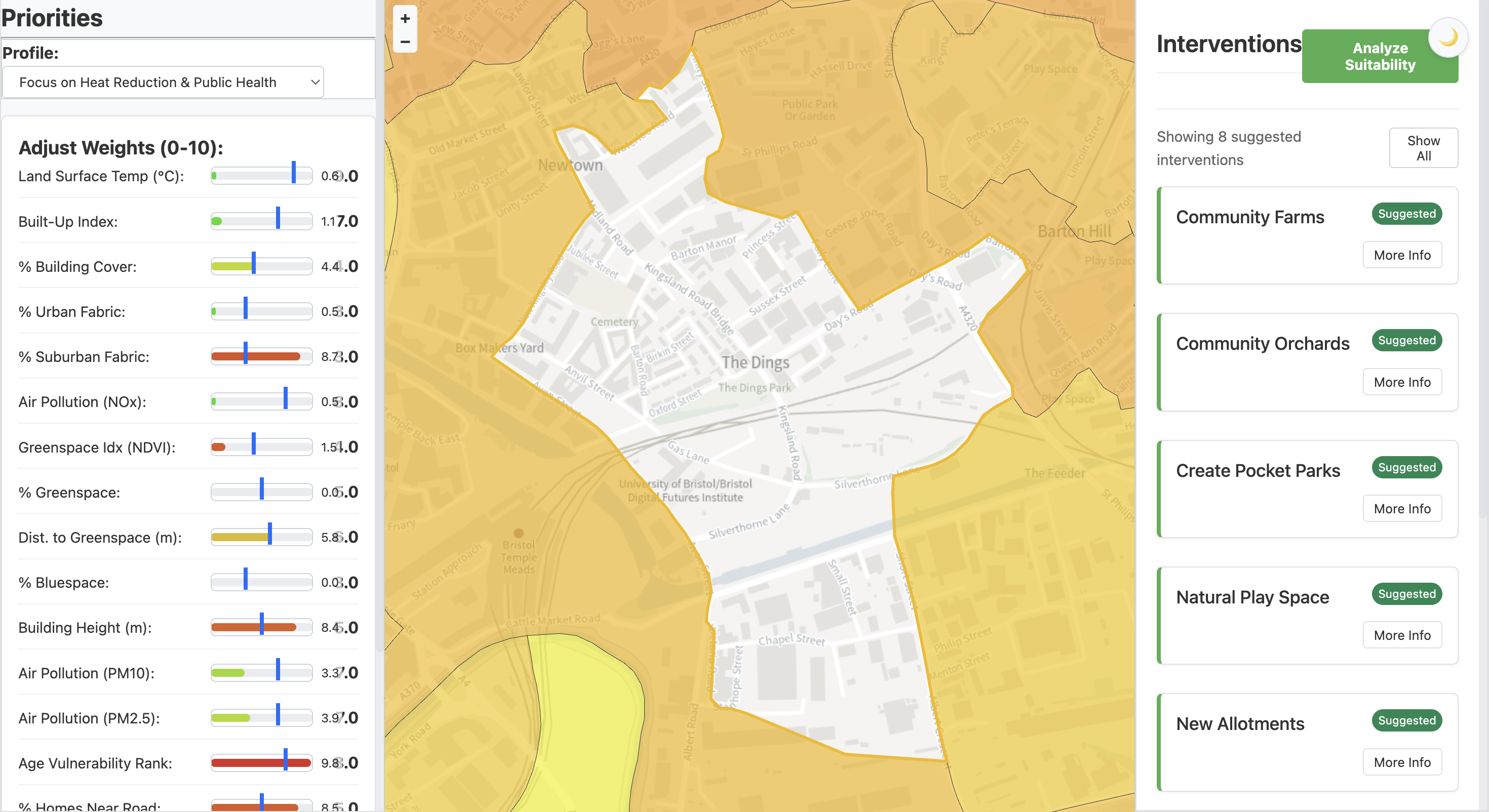 A screenshot of the UrbanBiome tool interface, showing a map of 'The Dings' area with data layers for analysis and suggested interventions like 'Community Farms'.