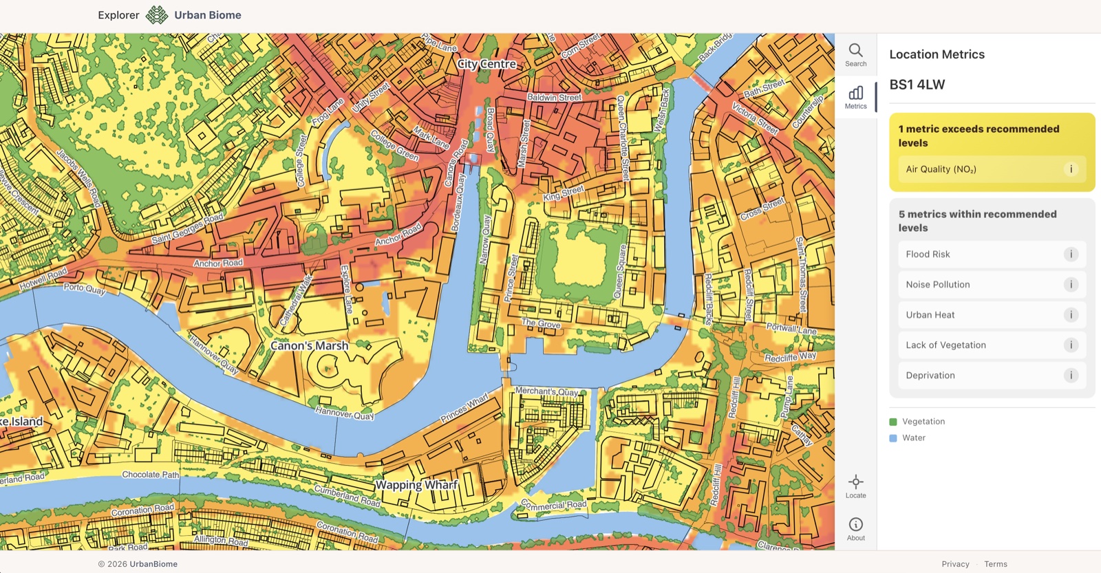 Screenshot of the Explorer tool showing environmental metrics for a Bristol postcode