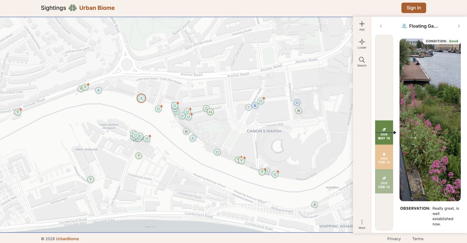 Screenshot of the Sightings tool showing mapped green infrastructure sightings in Bristol